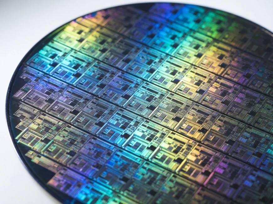 แผ่นเวเฟอร์ชิปประมวลผลที่มีรายละเอียดลวดลายวงจรขนาดเล็ก