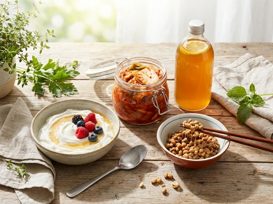 แหล่งอาหารธรรมชาติที่มีโพรไบโอติกส์สูง เช่น กิมจิ และโยเกิร์ต